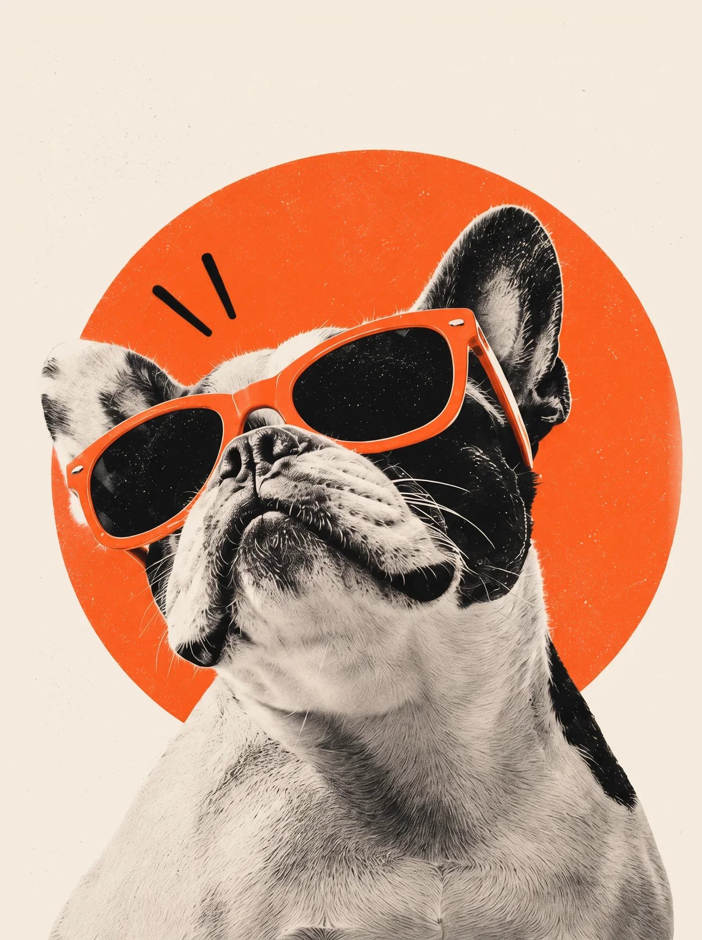 French bulldog in orange sunglasses in front of an orange circle