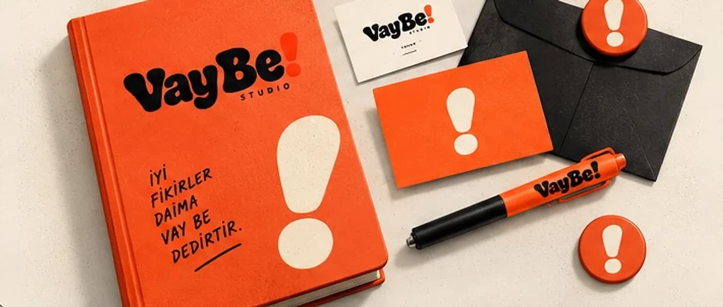 VayBe! notebook, business cards, badge and pen: orange identity applications